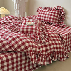Hattie Gingham Ruffle Bedding Set - Red
