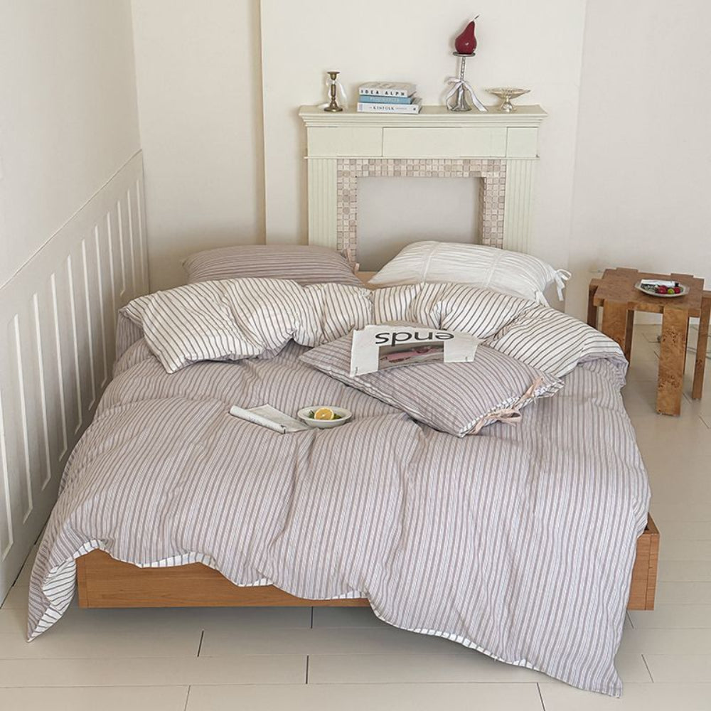 Josie Bow Tied Striped Bedding Set - Cream
