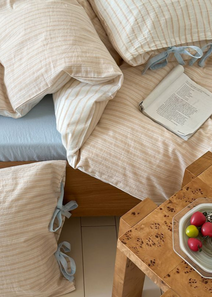 Josie Bow Tied Striped Bedding Set - Cream