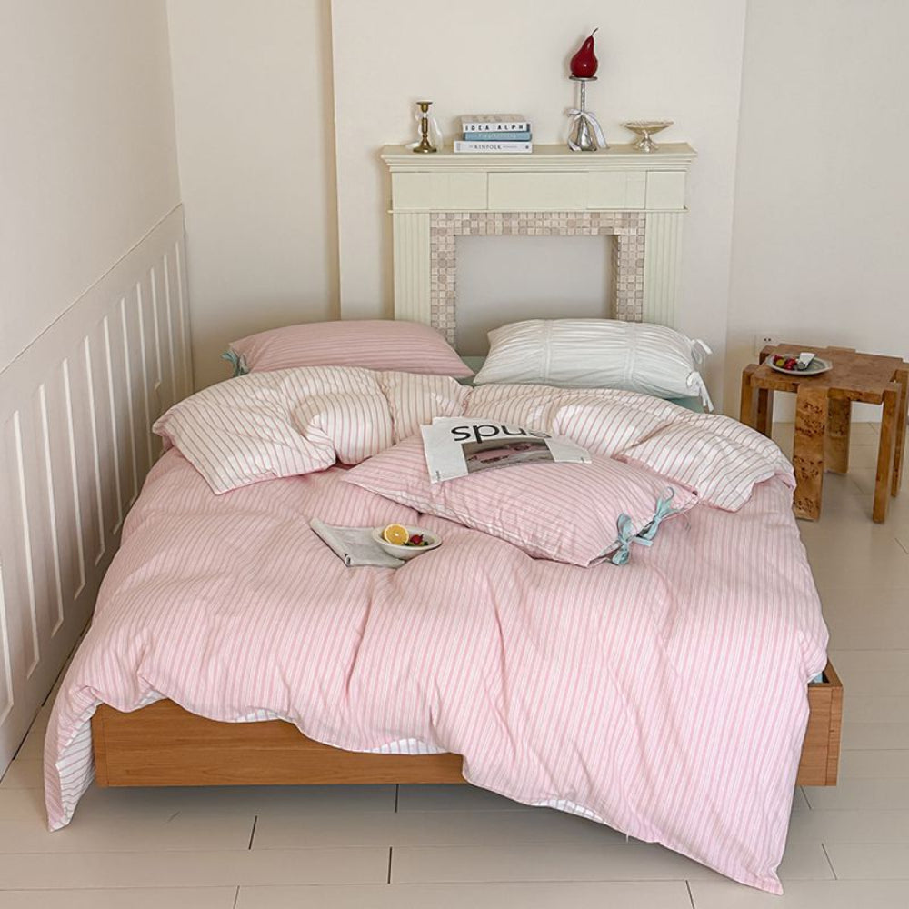 Josie Bow Tied Striped Bedding Set - Cream