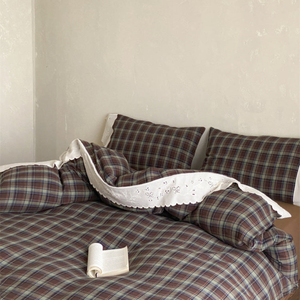 June Lace Double Gauze Gingham Bedding Set - Blue
