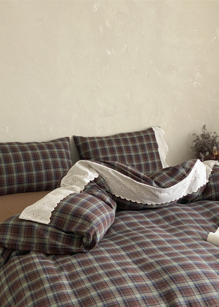 June Lace Double Gauze Gingham Bedding Set - Khaki