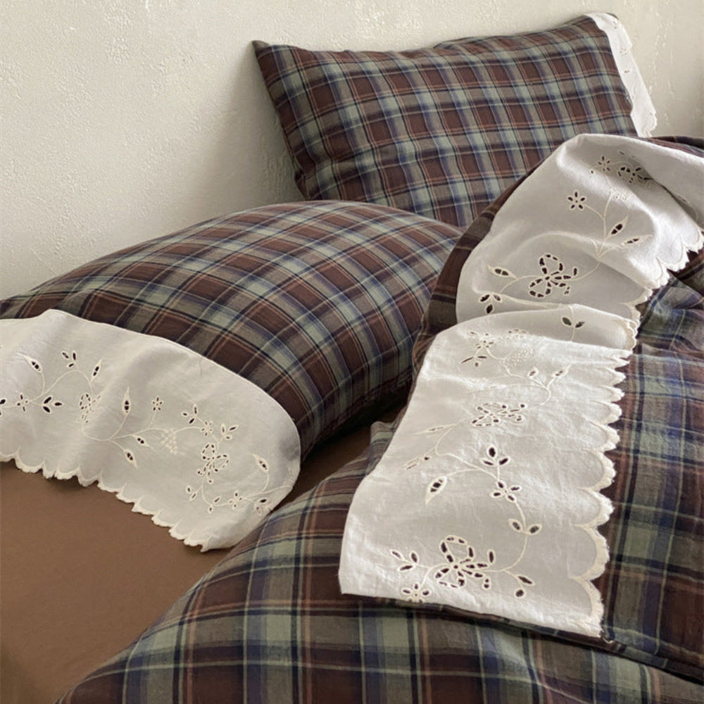 June Lace Double Gauze Gingham Bedding Set - Blue
