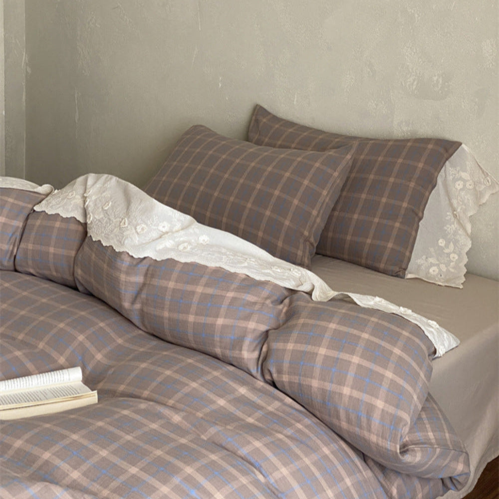 June Lace Double Gauze Gingham Bedding Set - Blue