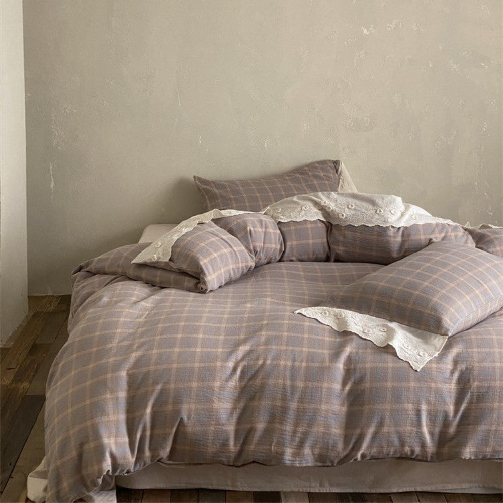 June Lace Double Gauze Gingham Bedding Set - Blue