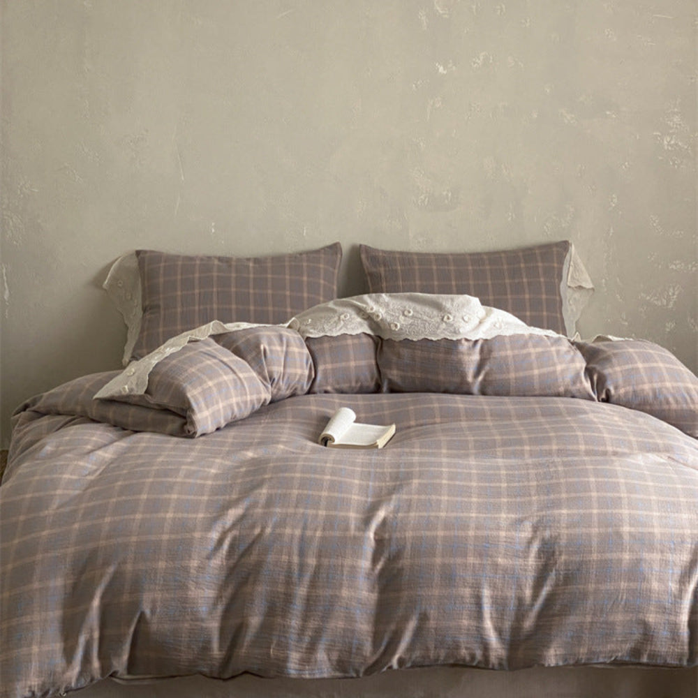 June Lace Double Gauze Gingham Bedding Set - Blue