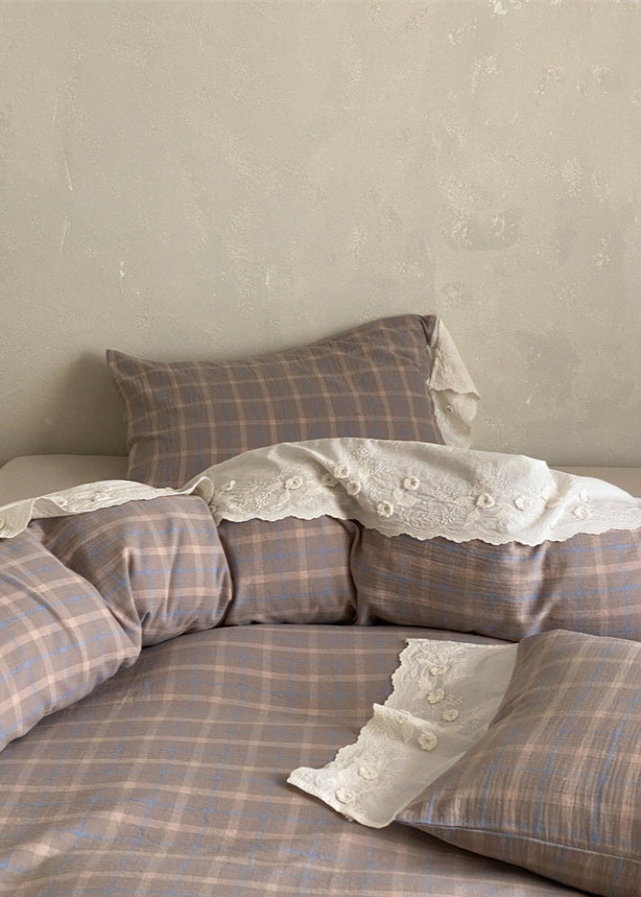 June Lace Double Gauze Gingham Bedding Set - Blue