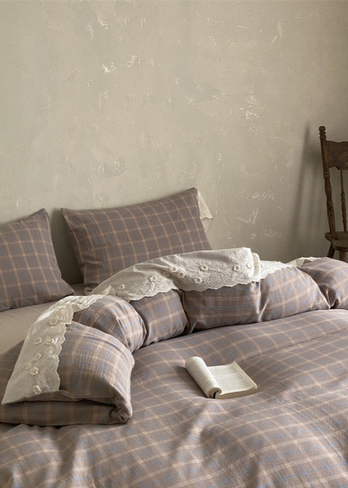 June Lace Double Gauze Gingham Bedding Set - Blue