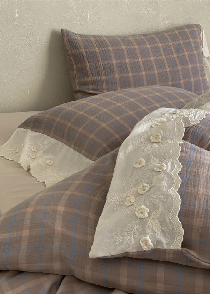 June Lace Double Gauze Gingham Bedding Set - Blue