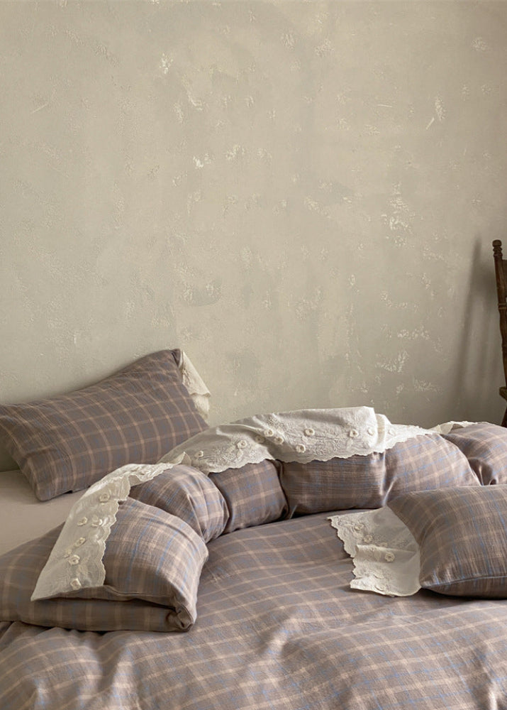 June Lace Double Gauze Gingham Bedding Set - Blue