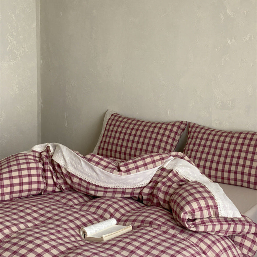 June Lace Double Gauze Gingham Bedding Set - Blue