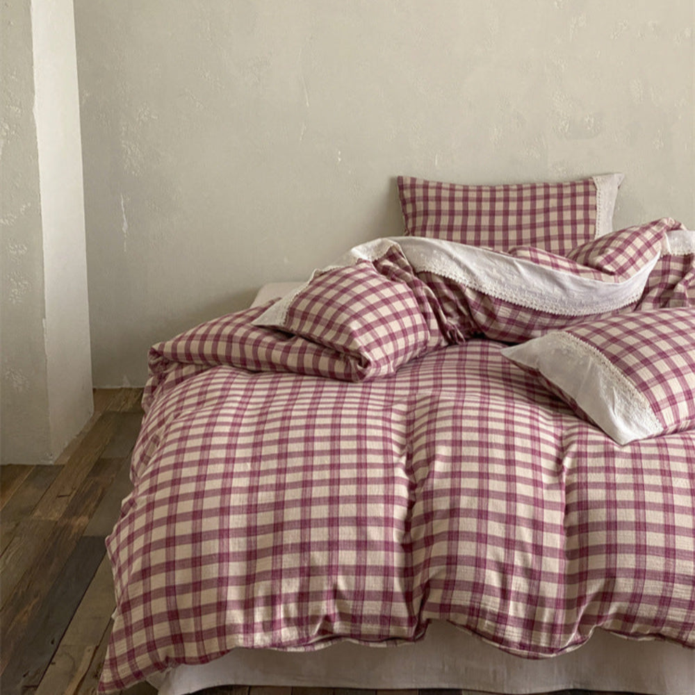 June Lace Double Gauze Gingham Bedding Set - Blue