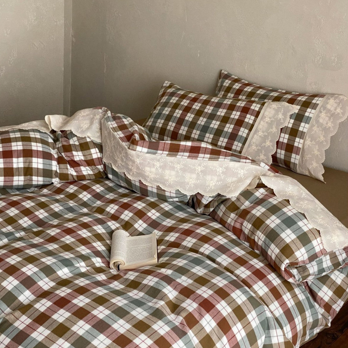 June Lace Double Gauze Gingham Bedding Set - Blue