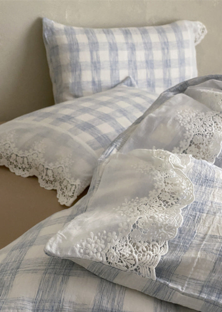 June Lace Double Gauze Gingham Bedding Set - Blue