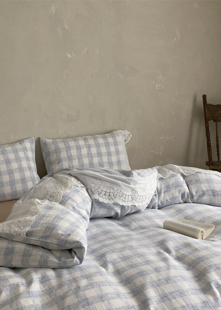June Lace Double Gauze Gingham Bedding Set - Blue