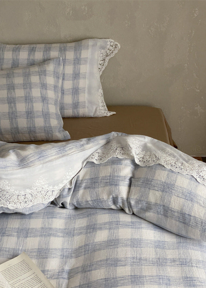 June Lace Double Gauze Gingham Bedding Set - Blue