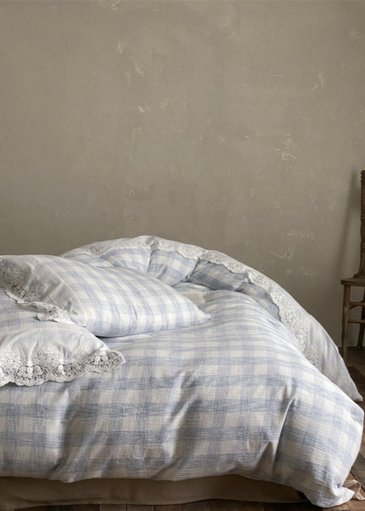 June Lace Double Gauze Gingham Bedding Set - Blue