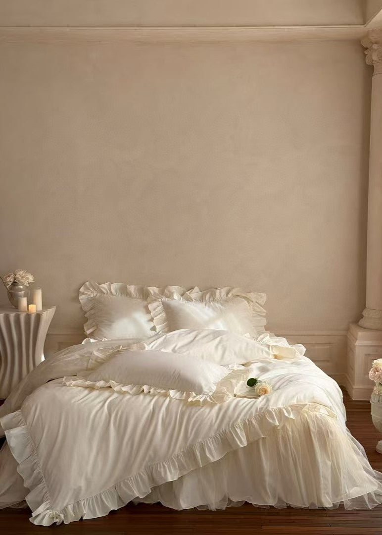 Lacey Lace Ruffle Washed Cotton Bedding Set - Blue