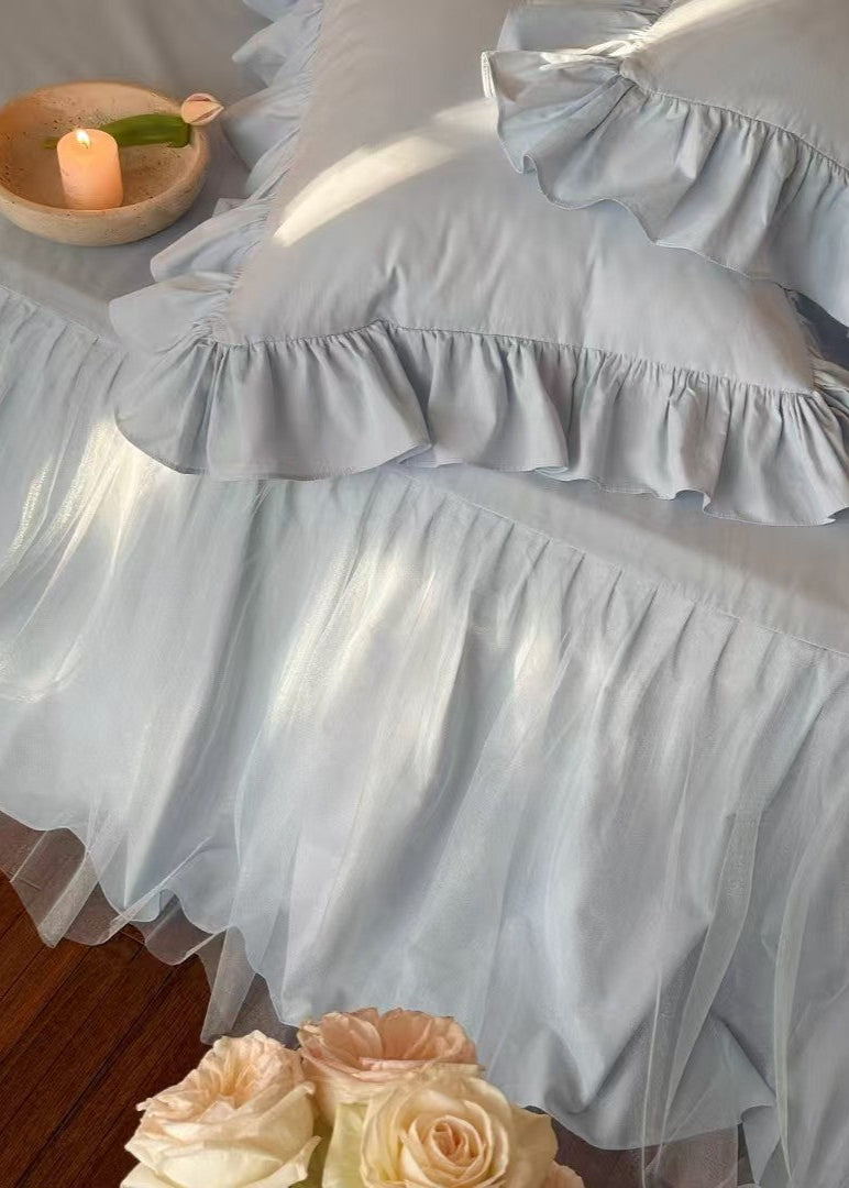 Lacey Lace Ruffle Washed Cotton Bedding Set - Blue