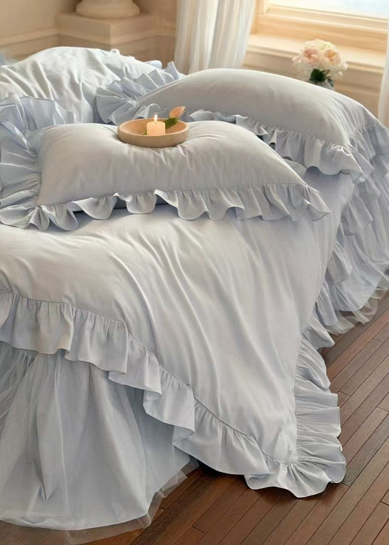 Lacey Lace Ruffle Washed Cotton Bedding Set - White