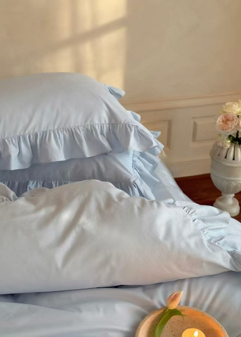 Lacey Lace Ruffle Washed Cotton Bedding Set - Blue