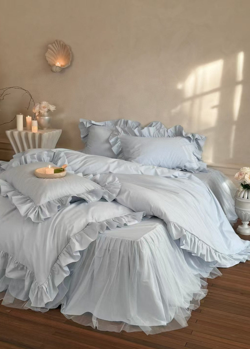 Lacey Lace Ruffle Washed Cotton Bedding Set - Blue