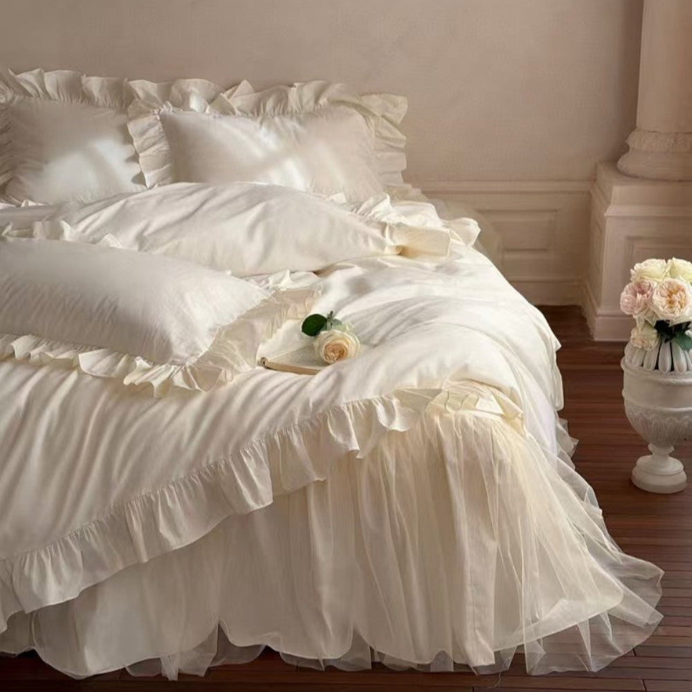 Lacey Lace Ruffle Washed Cotton Bedding Set - Blue