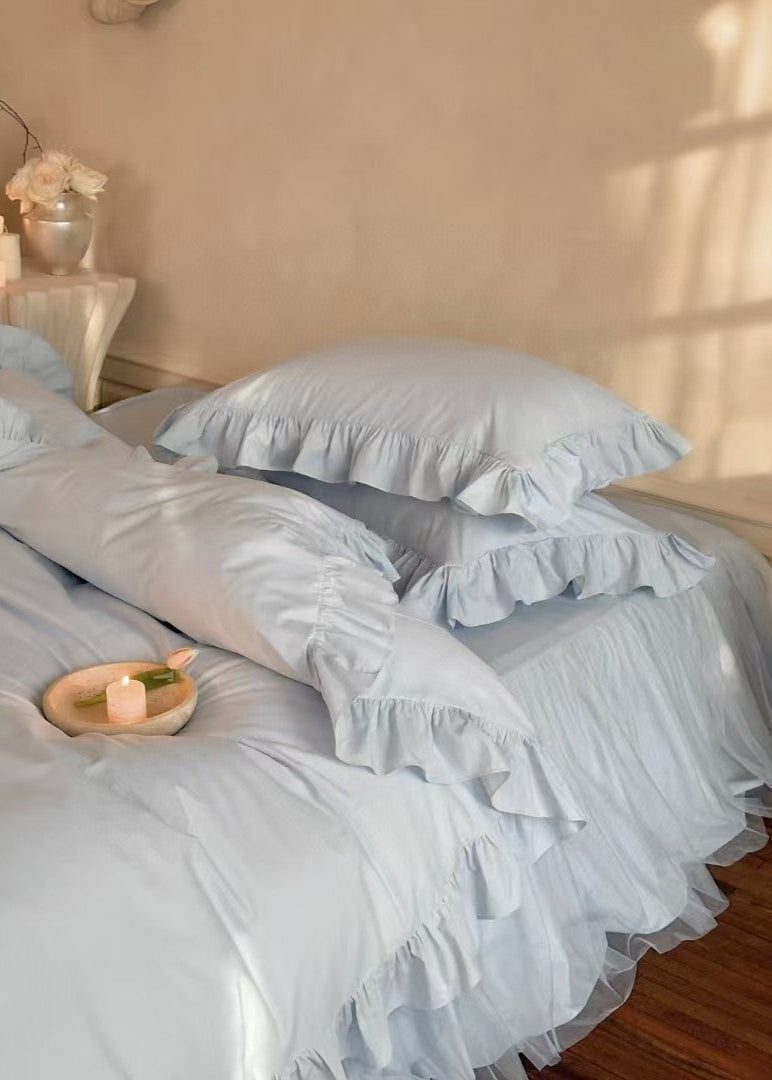 Lacey Lace Ruffle Washed Cotton Bedding Set - Blue