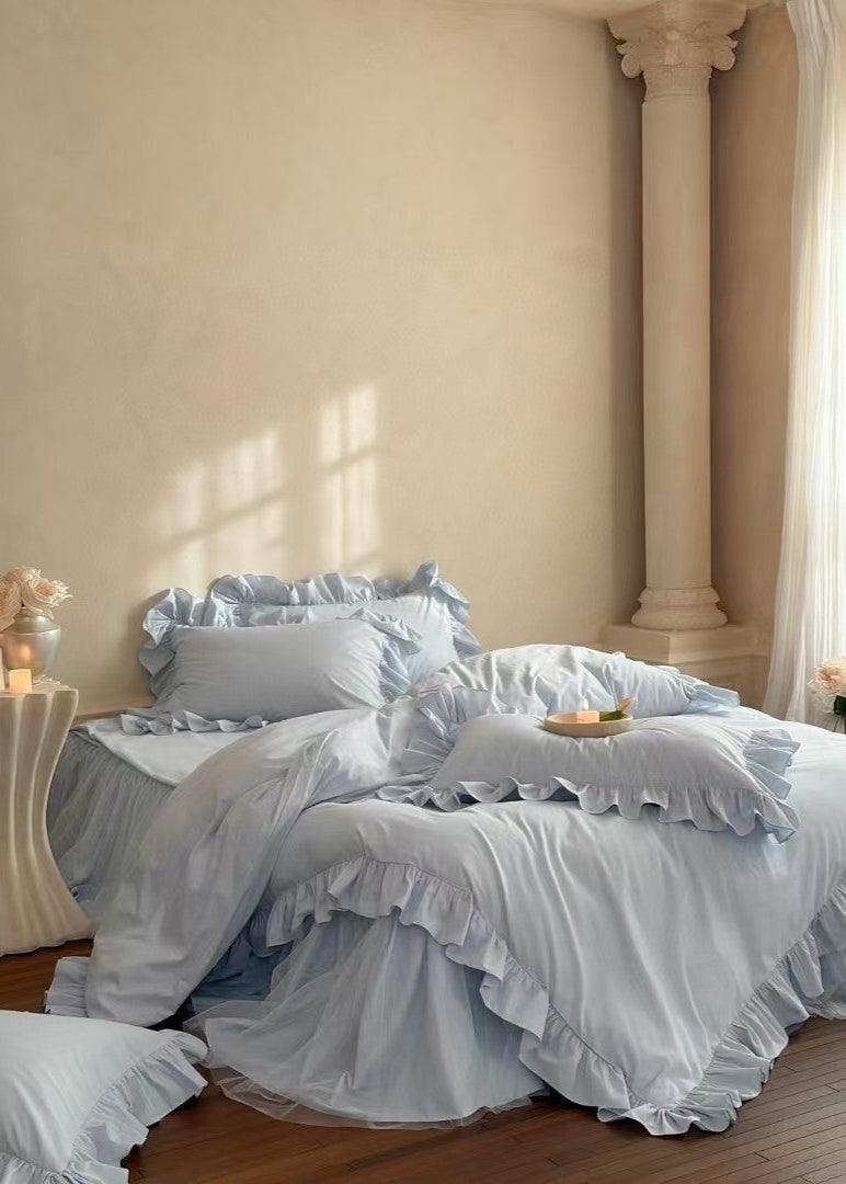 Lacey Lace Ruffle Washed Cotton Bedding Set - White