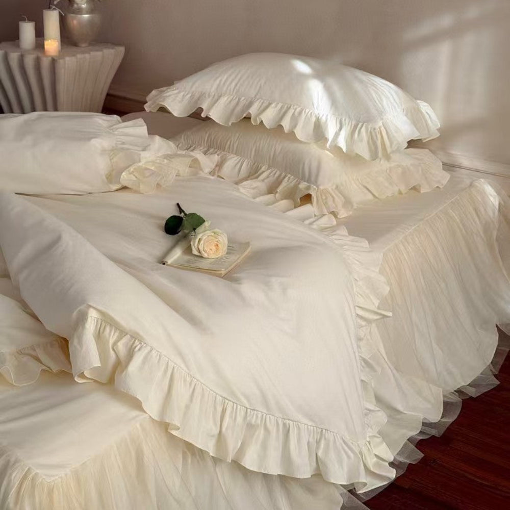 Lacey Lace Ruffle Washed Cotton Bedding Set - Blue