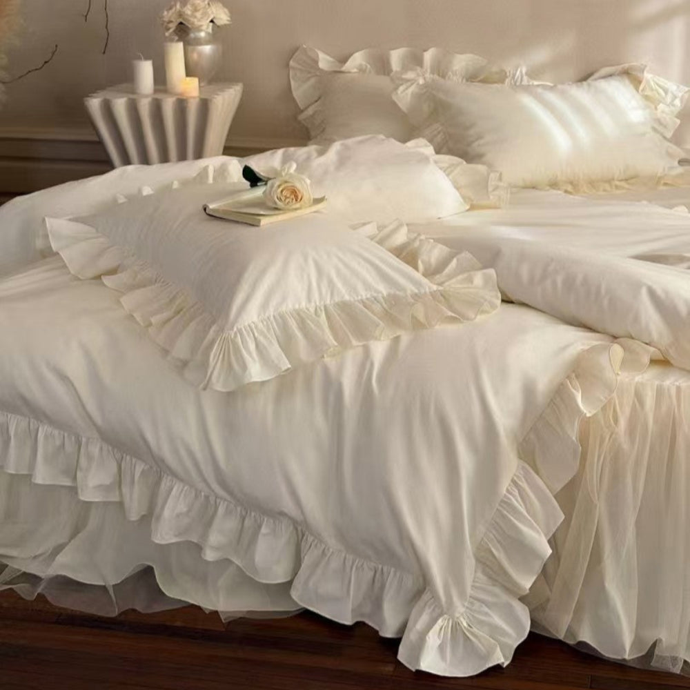 Lacey Lace Ruffle Washed Cotton Bedding Set - Blue