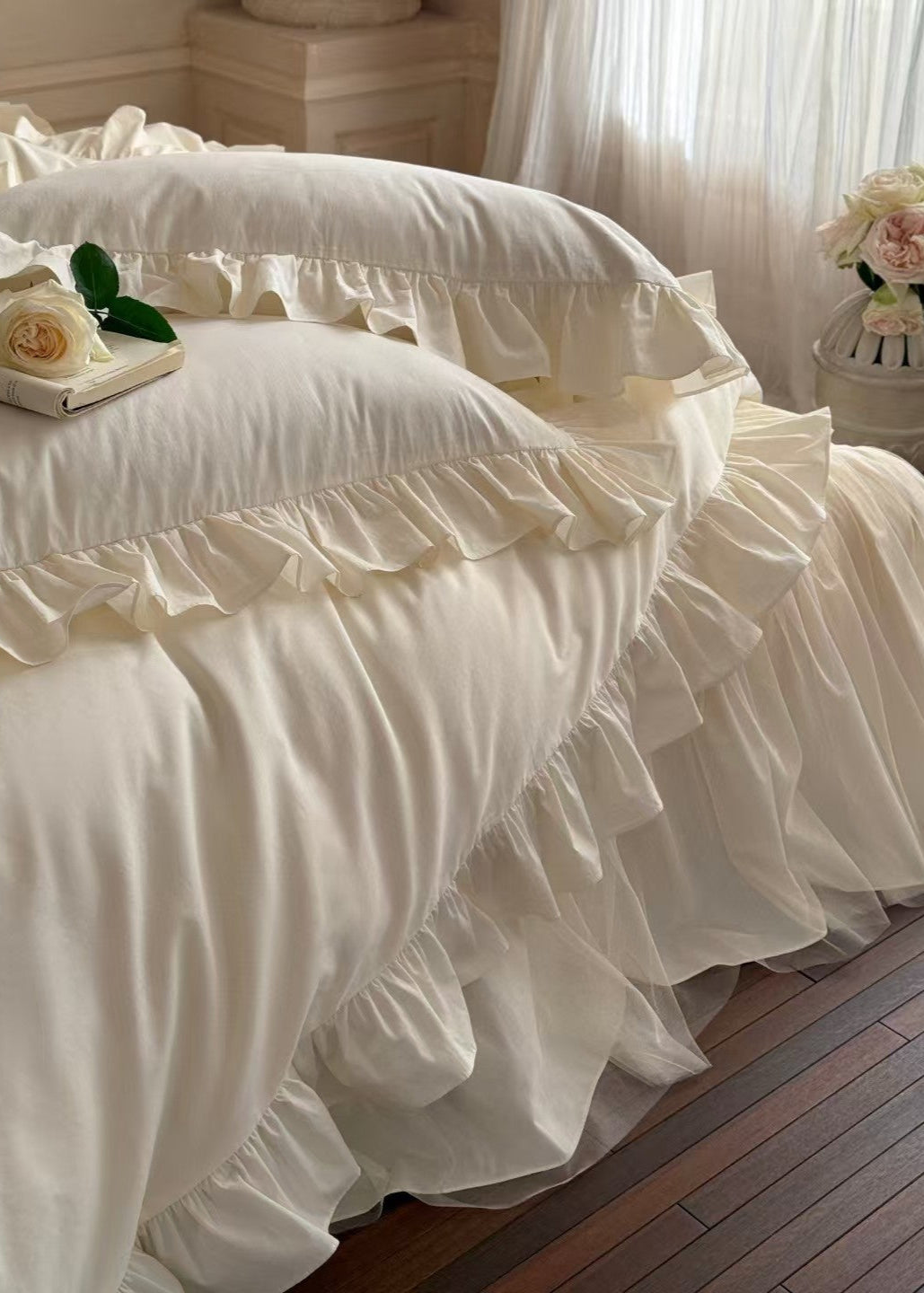 Lacey Lace Ruffle Washed Cotton Bedding Set - Blue