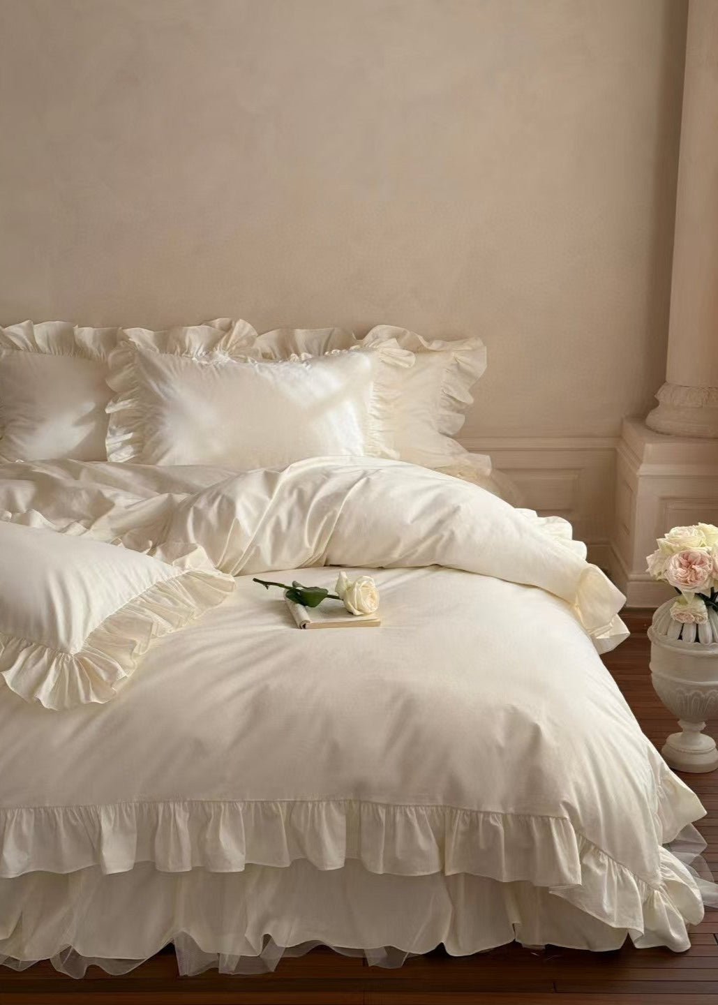 Lacey Lace Ruffle Washed Cotton Bedding Set - Blue