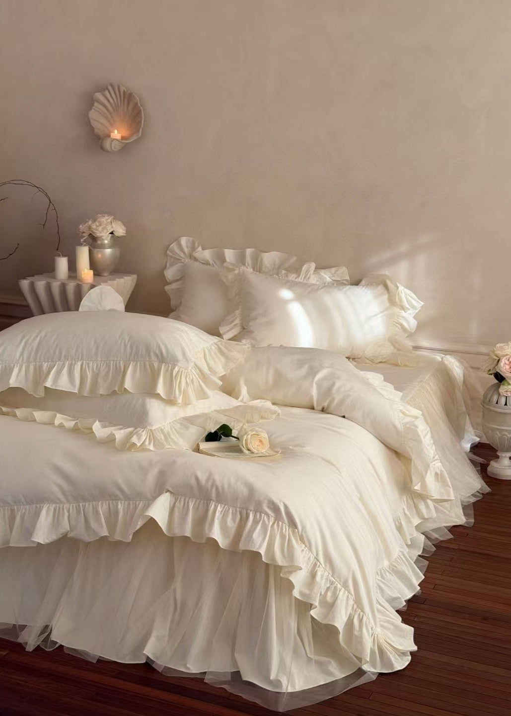 Lacey Lace Ruffle Washed Cotton Bedding Set - Blue