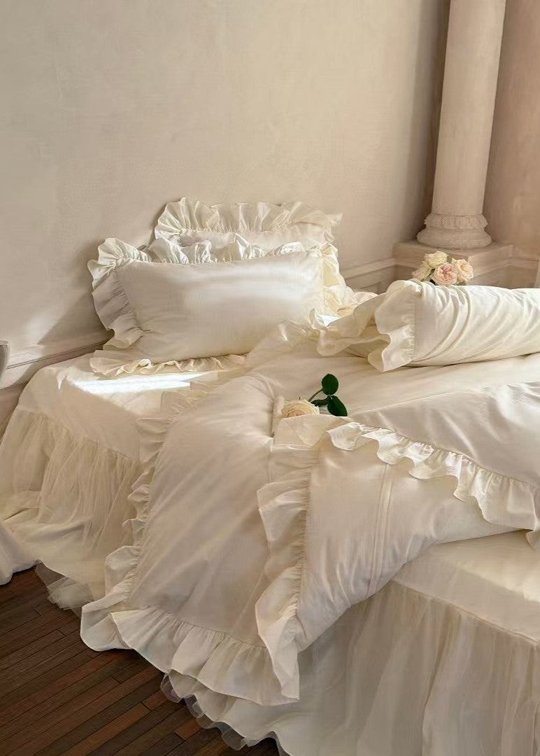 Lacey Lace Ruffle Washed Cotton Bedding Set - Blue