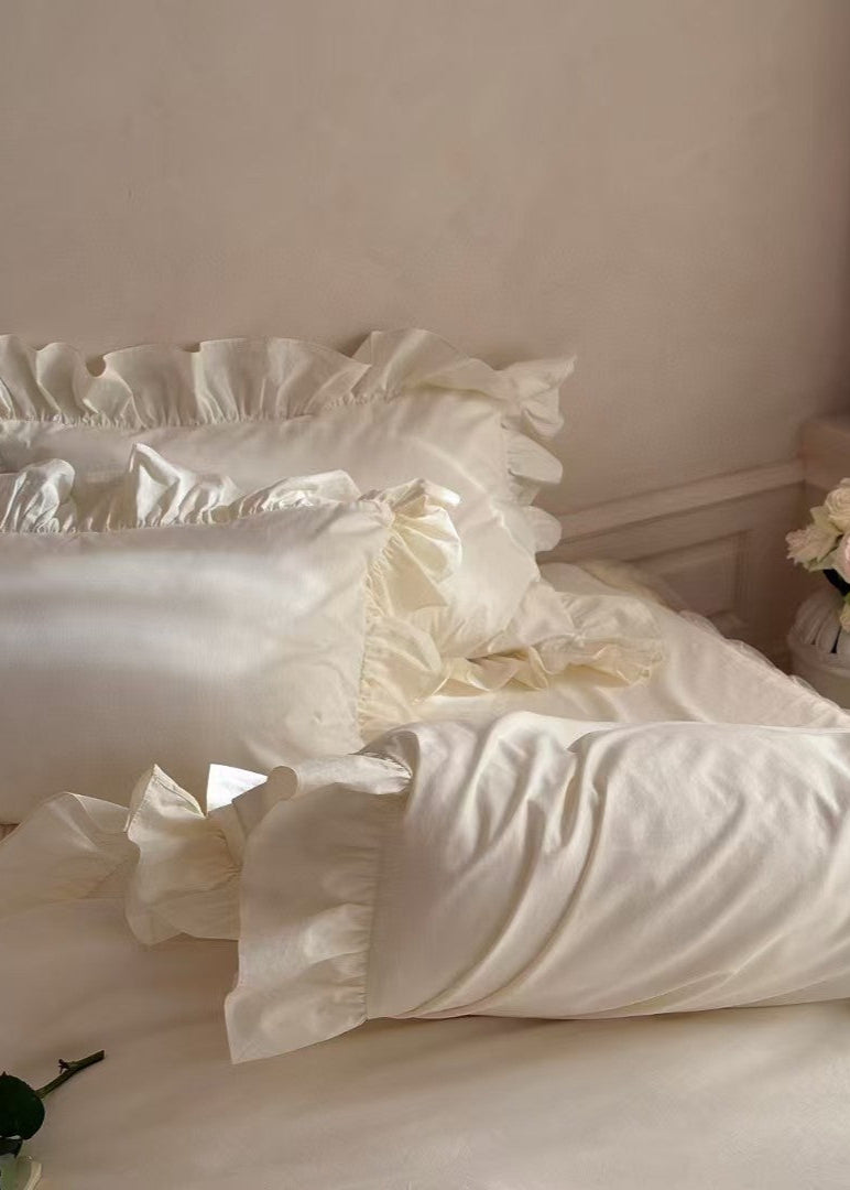 Lacey Lace Ruffle Washed Cotton Bedding Set - Blue