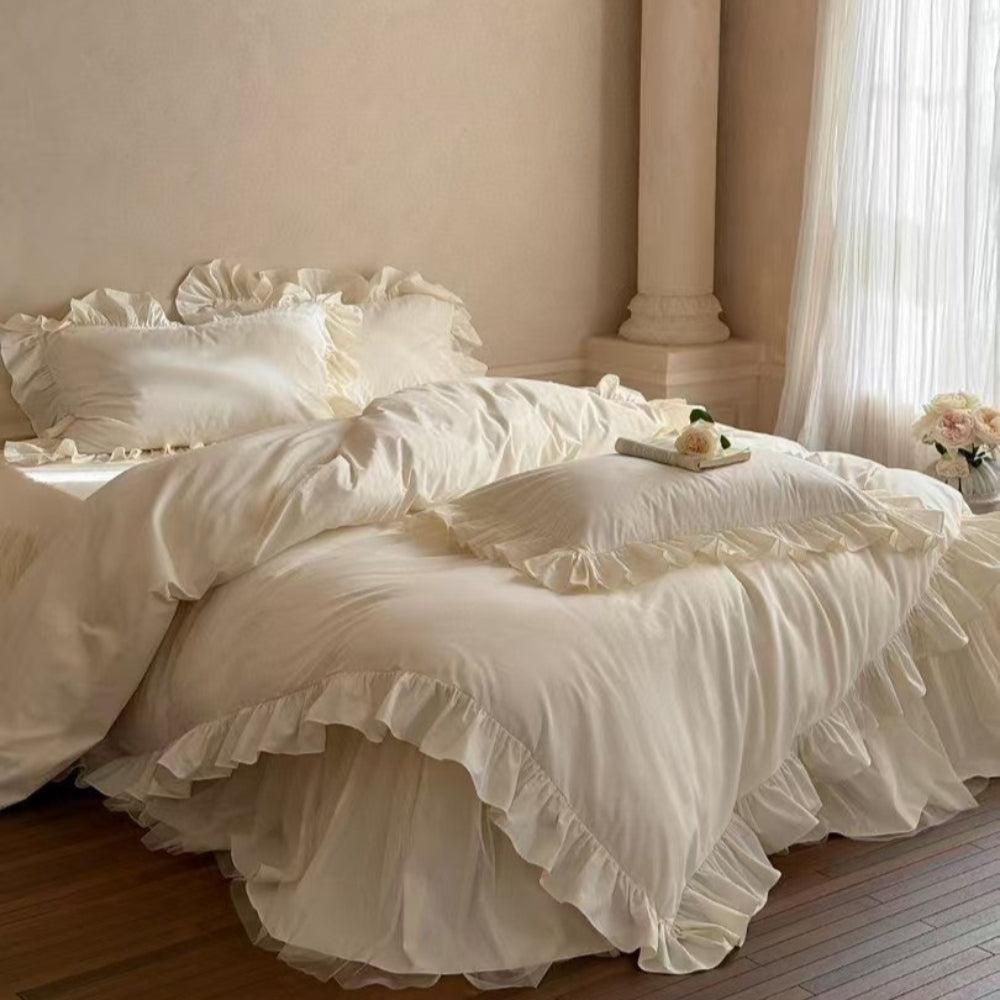 Lacey Lace Ruffle Washed Cotton Bedding Set - Blue