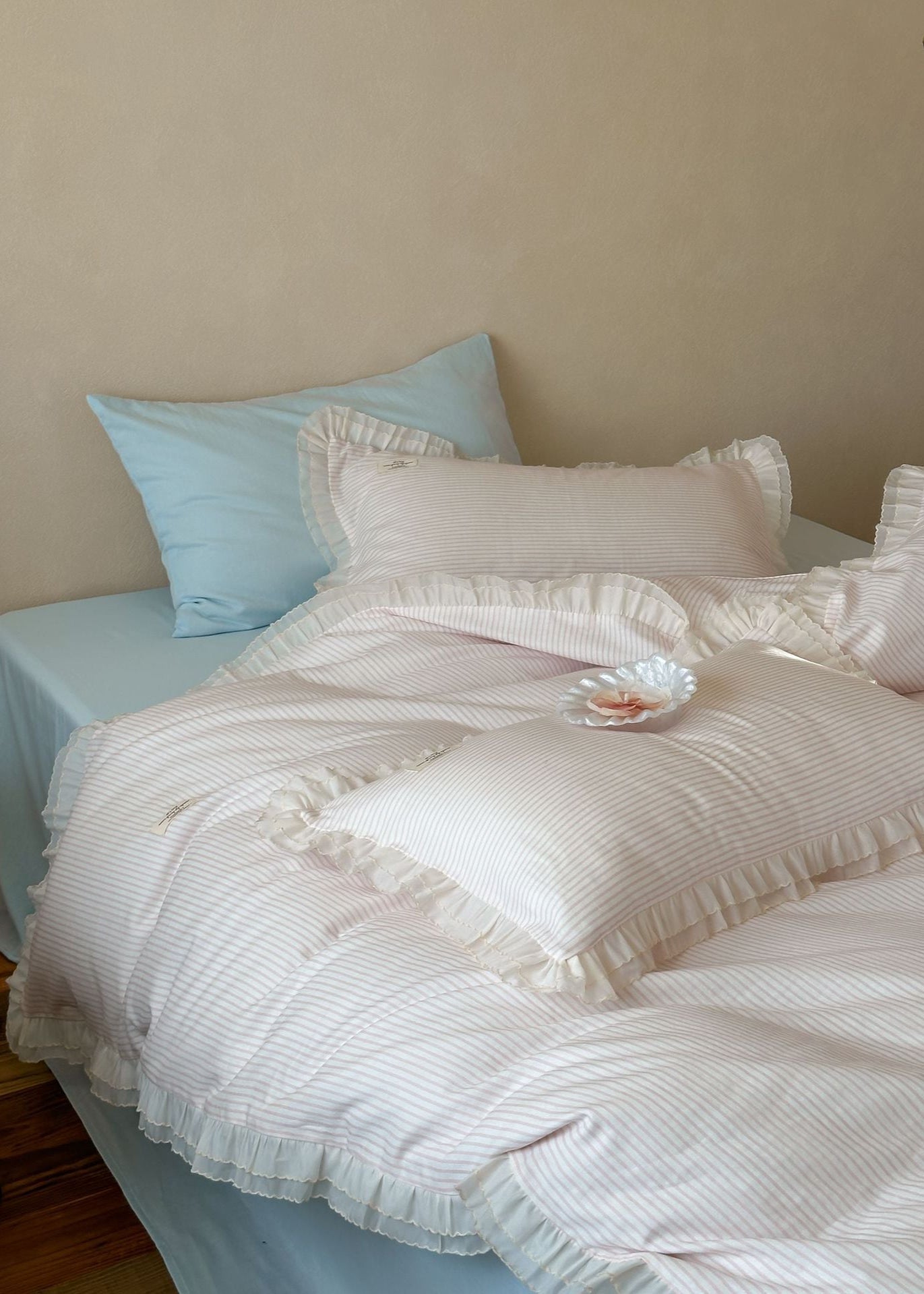 Mabel Lace Double Gauze Striped Bedding Set - Blue