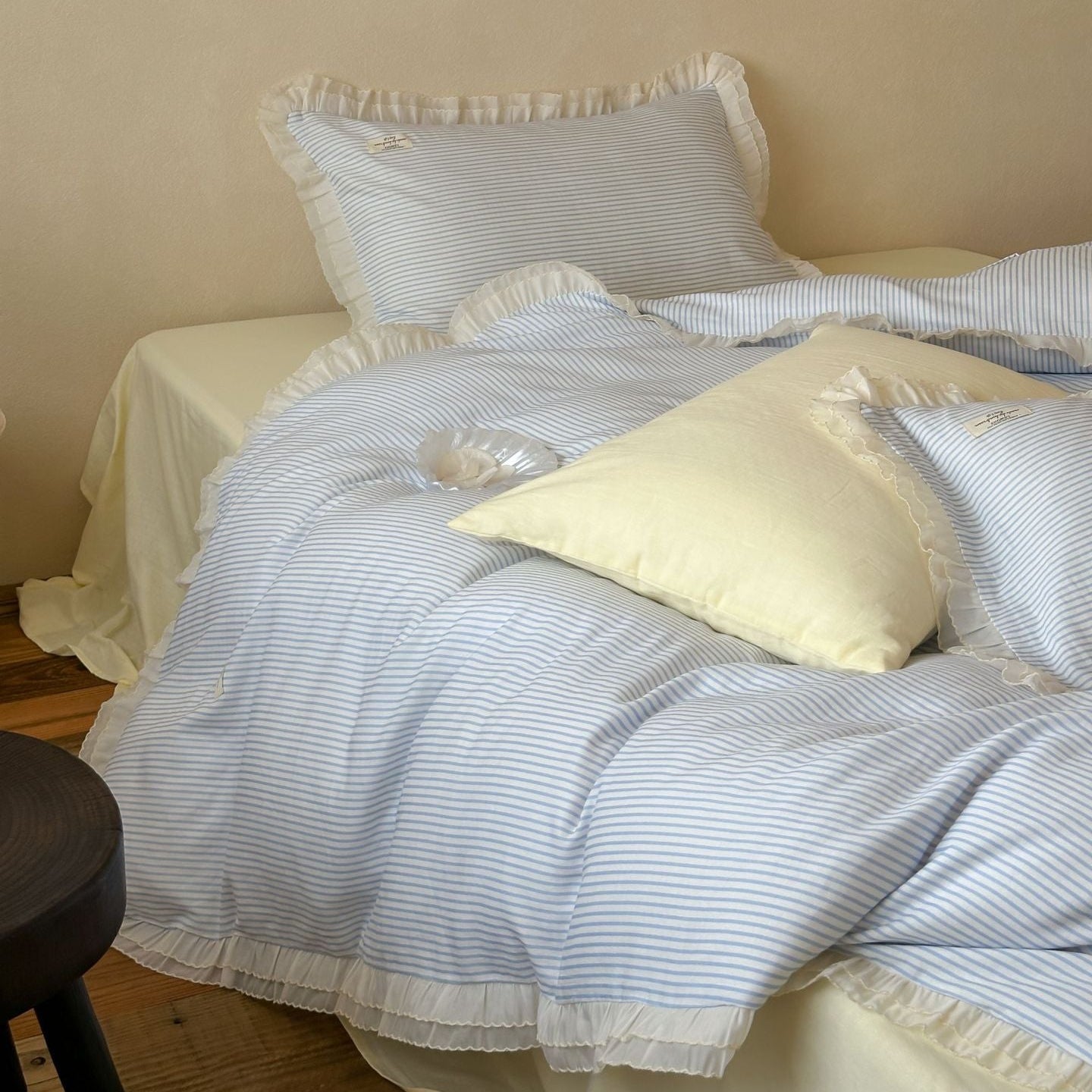 Mabel Lace Double Gauze Striped Bedding Set - Pink