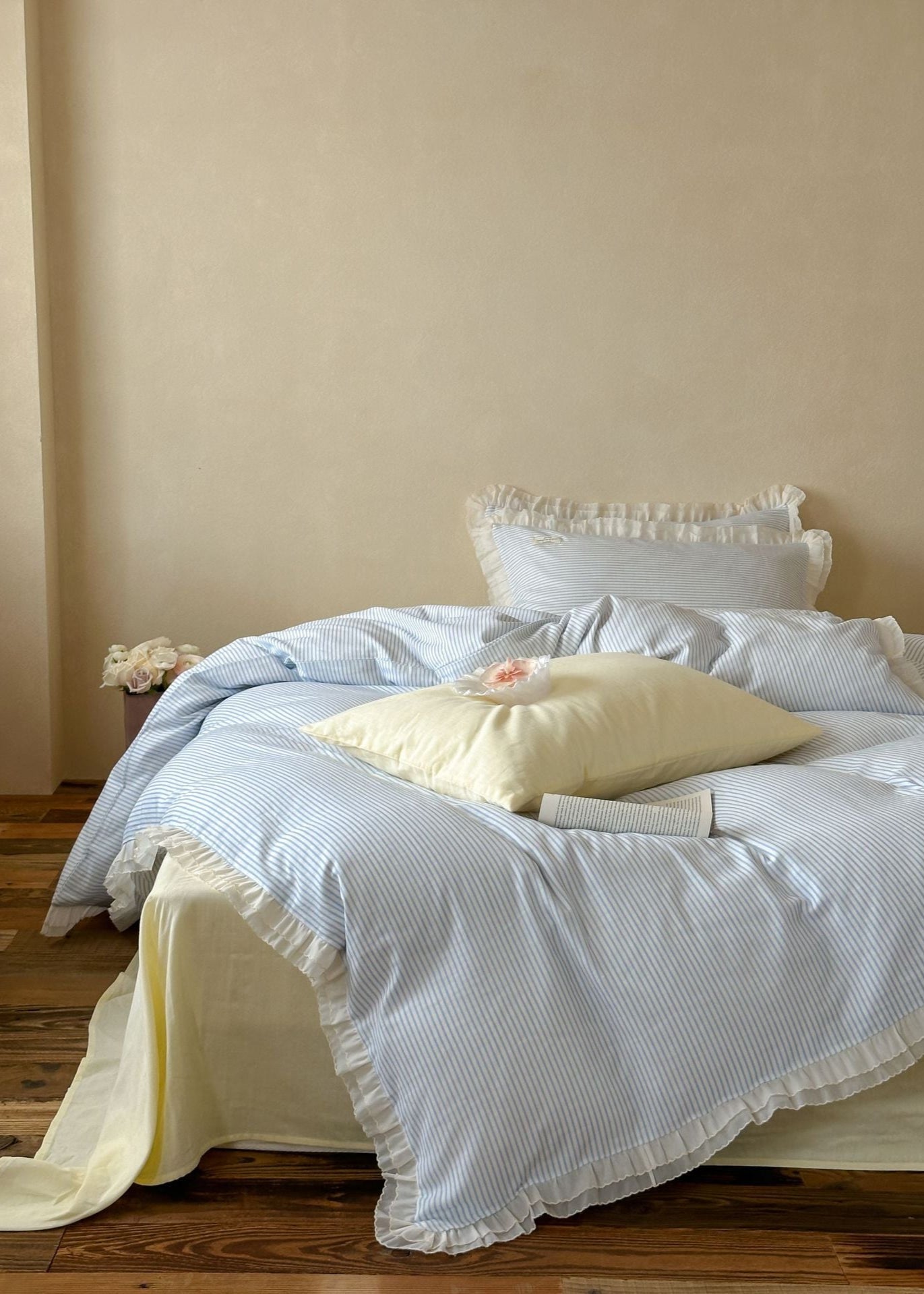 Mabel Lace Double Gauze Striped Bedding Set - Pink