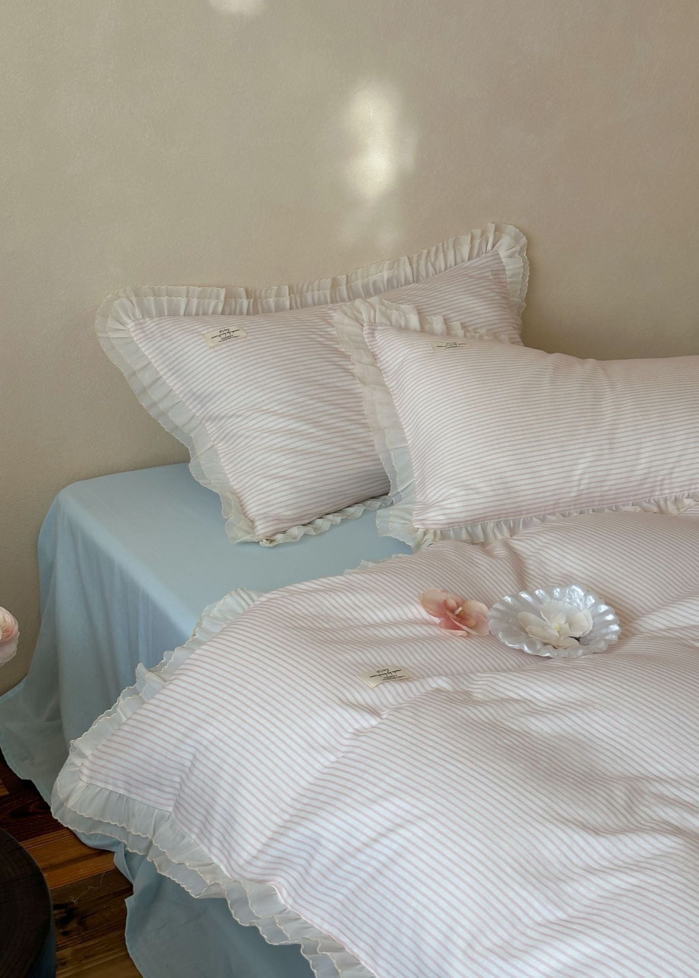 Mabel Lace Double Gauze Striped Bedding Set - Pink