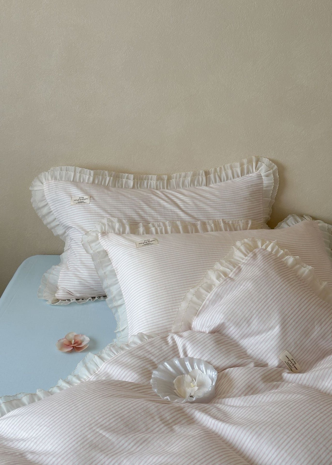Mabel Lace Double Gauze Striped Bedding Set - Pink