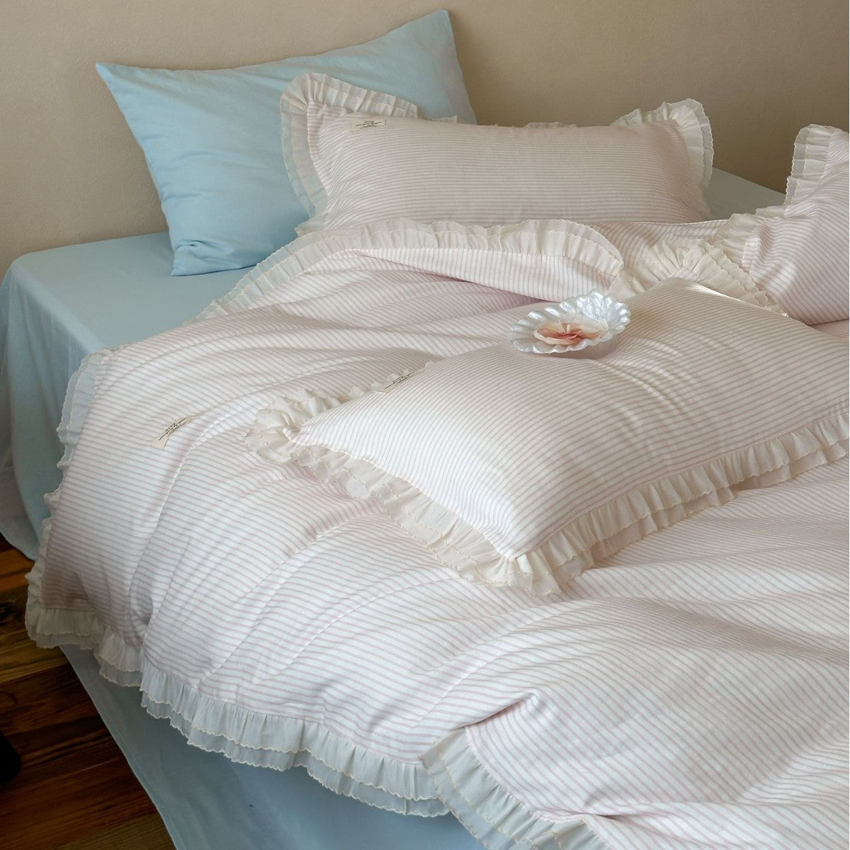 Mabel Lace Double Gauze Striped Bedding Set - Pink