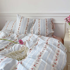 Magnolia Ribbon Bow Tie Floral Bedding Set - Blue