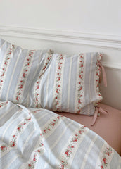 Magnolia Ribbon Bow Tie Floral Bedding Set - Blue