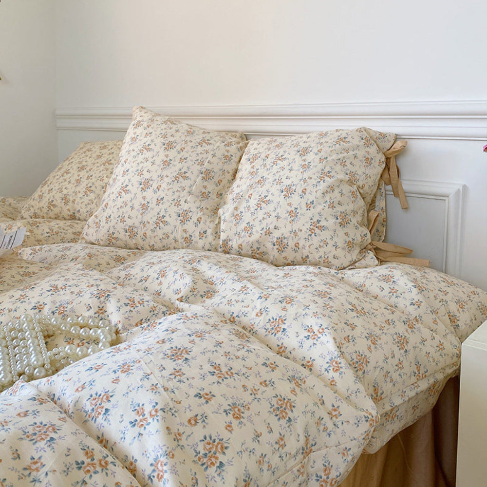 Magnolia Ribbon Bow Tie Floral Bedding Set - Cream