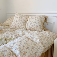 Magnolia Ribbon Bow Tie Floral Bedding Set - Cream