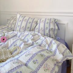 Magnolia Ribbon Bow Tie Floral Bedding Set - Purple