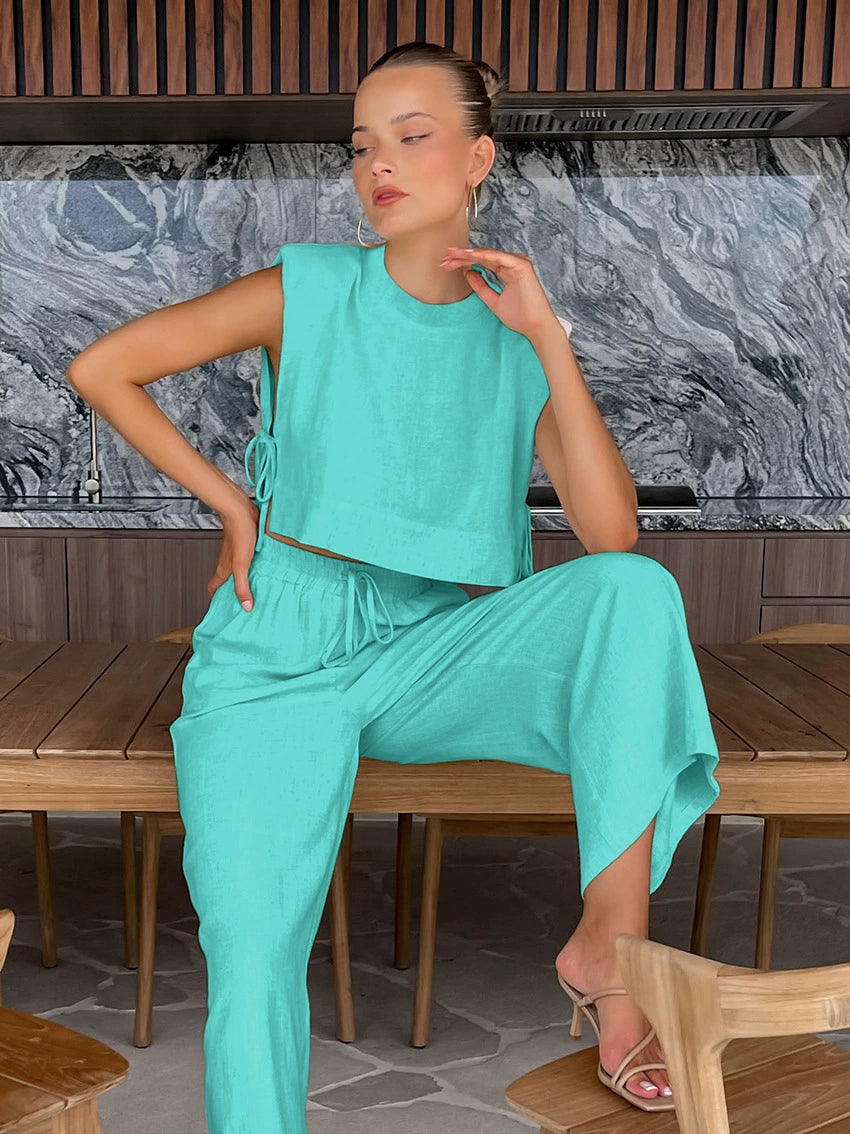 Shoulder Pad Sleeveless Top And Trousers (Two Pieces)