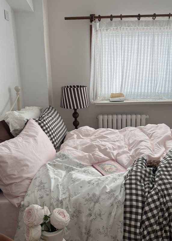 Emi Patchwork Gingham Bedding Set - Soft Mocha Pink